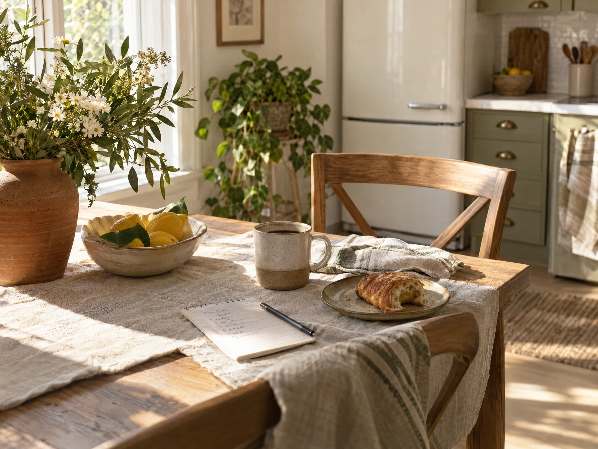 A quiet kitchen corner with flowers and coffee
