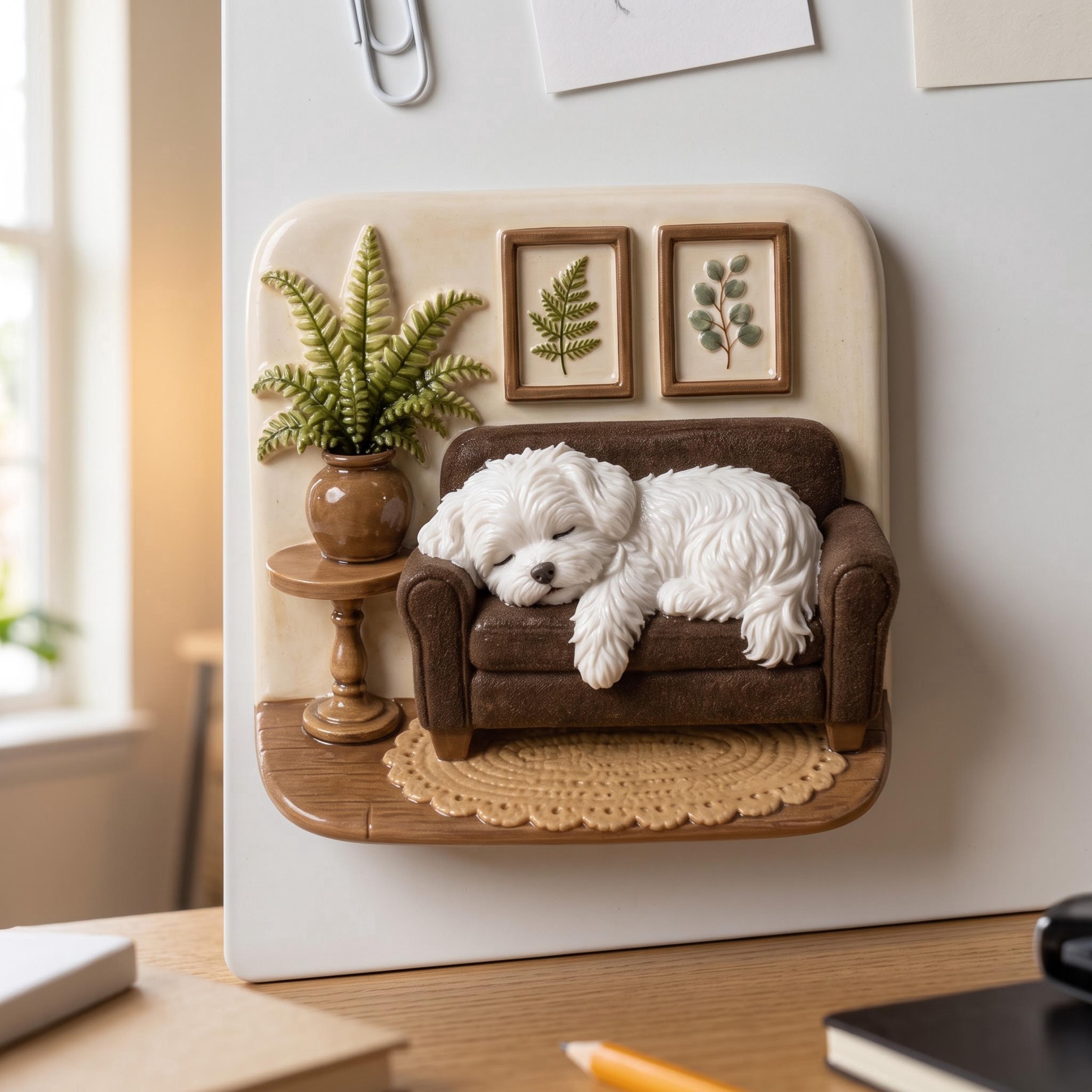 Refrigerator Magnet: Miniature White Dog on Cozy Brown Sofa