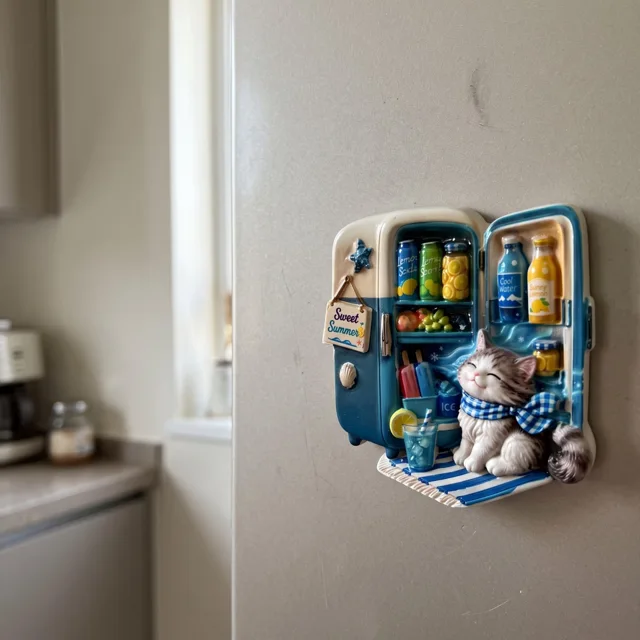 3D Resin Fridge Magnet: Cat in Mini Cooler Summer Kitchen Decor — product photo 10