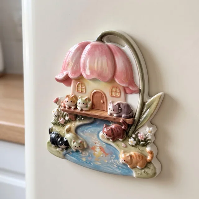 Resin Refrigerator Magnet: Flower House, Cats and River Scene — product photo 9