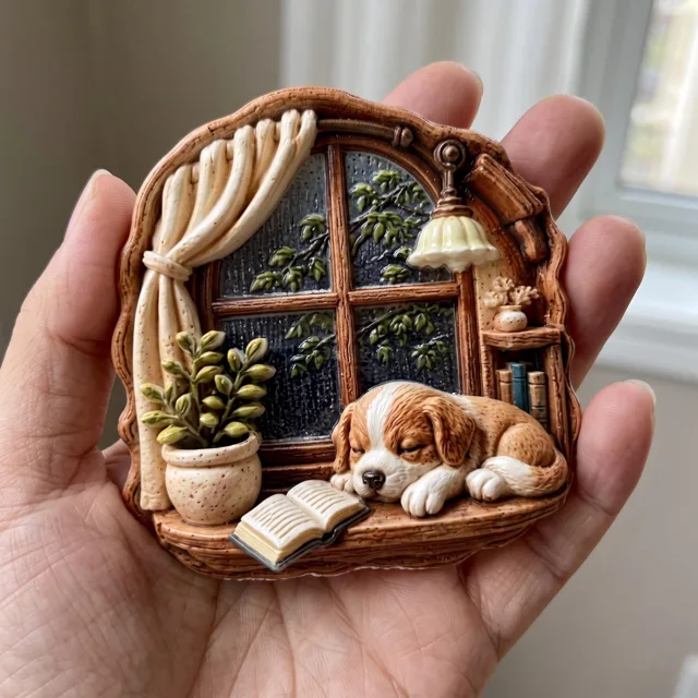 3D Fridge Magnet: Sleeping Dog by Rainy Window Relief Sculpture — product photo 5