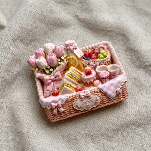 Picnic Basket Fridge Magnet, Pink Floral Food Scene Decor — product photo 4