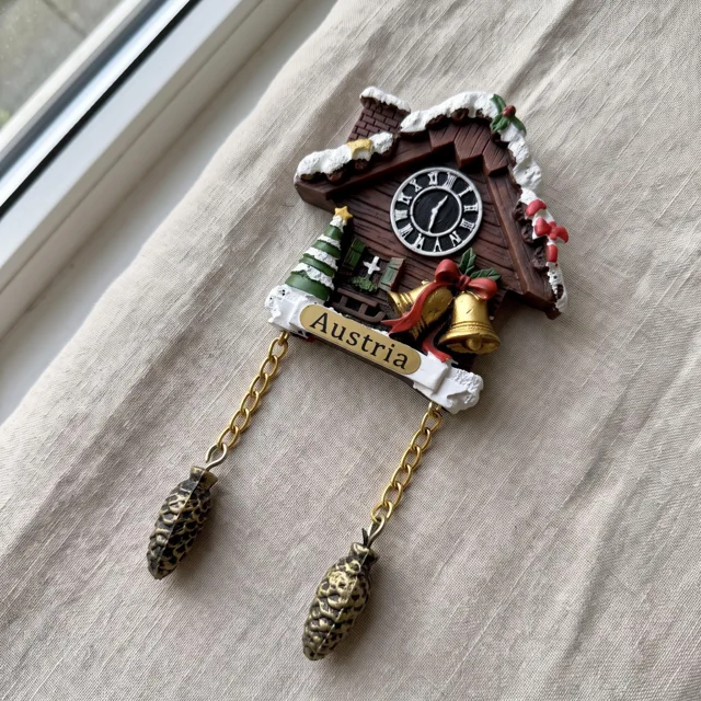 Snowy Cuckoo Clock House With Christmas Bells and Austria Plaque Refrigerator Magnet — product photo 2