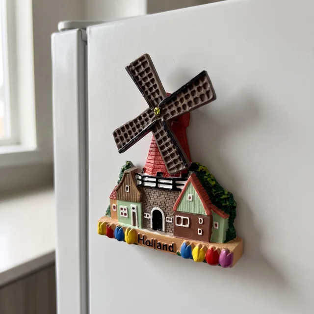 Rotating Windmill Fridge Magnet, Resin Holland Souvenir With Colorful Tulips — product photo 2