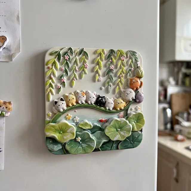 Decorative Fridge Magnet, Cat Garden Pond Scene with Lily Pads and Vines — product photo 6