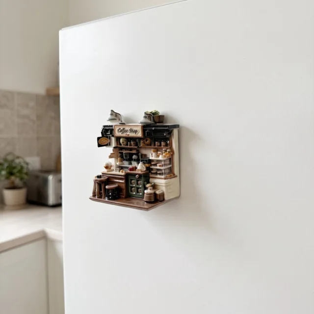Miniature Resin Coffee Shop Fridge Magnet, Detailed Relief Kitchen Decor — product photo 9