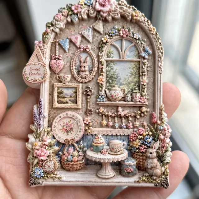 Rabbit Tea Party Resin Refrigerator Magnet, 3D Floral Cottage Scene — product photo 3