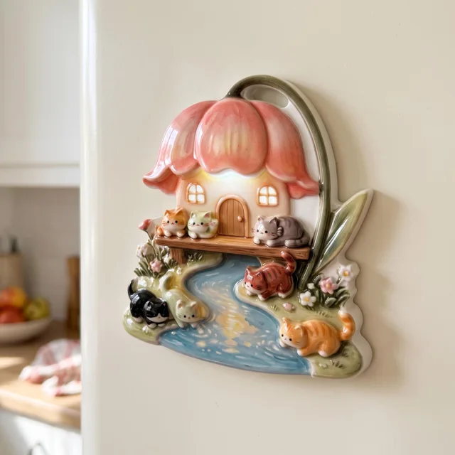 Resin Refrigerator Magnet: Flower House, Cats and River Scene — product photo 3
