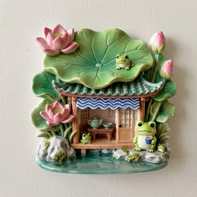 Refrigerator Magnet: Frog Cottage With Leaf Roof and Pink Flowers — product photo 1
