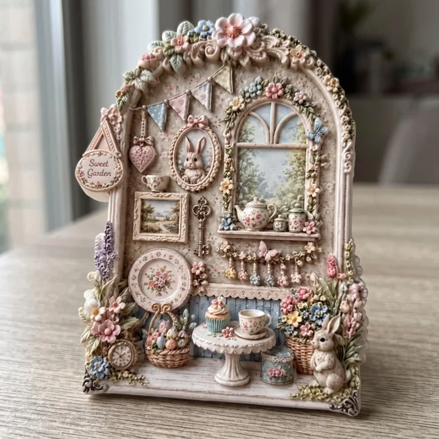 Rabbit Tea Party Resin Refrigerator Magnet, 3D Floral Cottage Scene — product photo 1