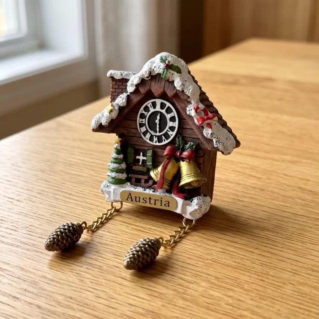 Snowy Cuckoo Clock House With Christmas Bells and Austria Plaque Refrigerator Magnet — product photo 9