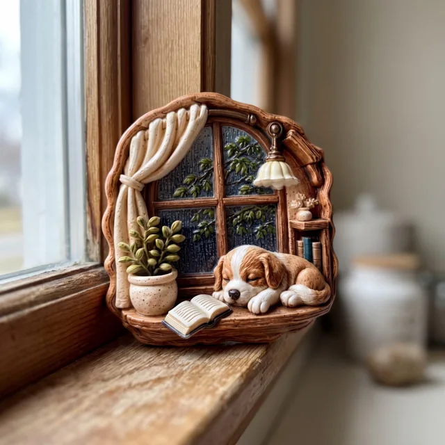 3D Fridge Magnet: Sleeping Dog by Rainy Window Relief Sculpture — product photo 4