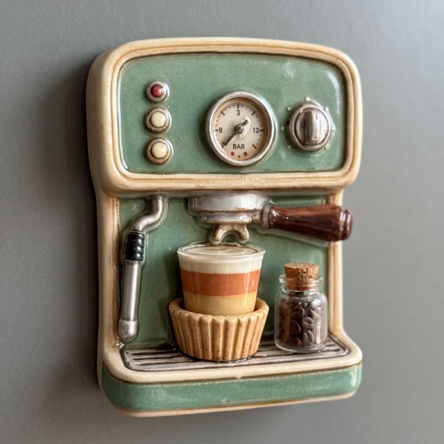 Refrigerator Magnet: Retro Green Espresso Machine 3D Sculpted Kitchen Decor — product photo 5