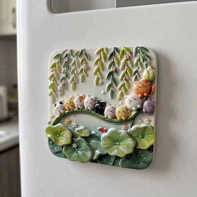 Decorative Fridge Magnet, Cat Garden Pond Scene with Lily Pads and Vines — product photo 2