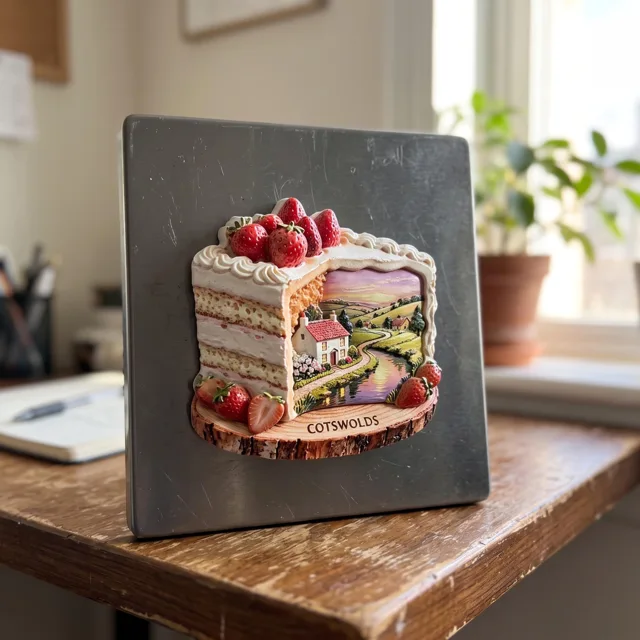 3D Refrigerator Magnet: Resin Strawberry Cake Slice and Cotswolds Landscape — product photo 5