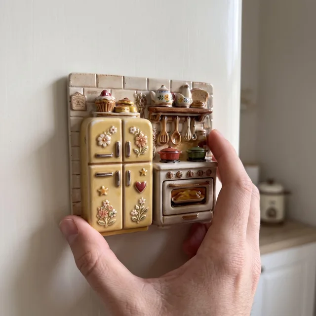 Vintage Kitchen Fridge Magnet with Raised Oven and Cabinet Scene — product photo 6