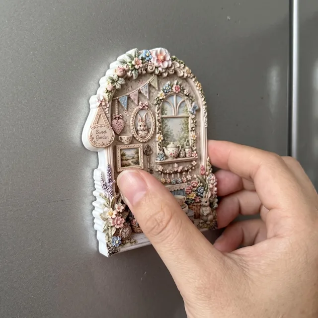 Rabbit Tea Party Resin Refrigerator Magnet, 3D Floral Cottage Scene — product photo 7
