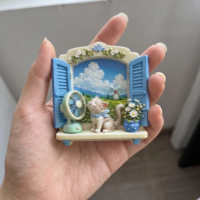 Refrigerator Magnet: Cat Window Scene With Blue Shutters and Flowers — product photo 1