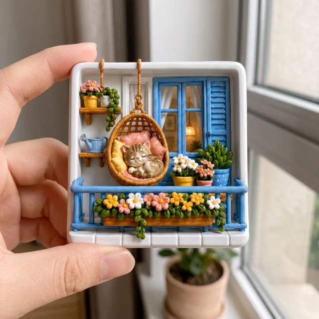 Resin Fridge Magnet: Raised Cat Balcony Scene With Colorful Flowers — product photo 10
