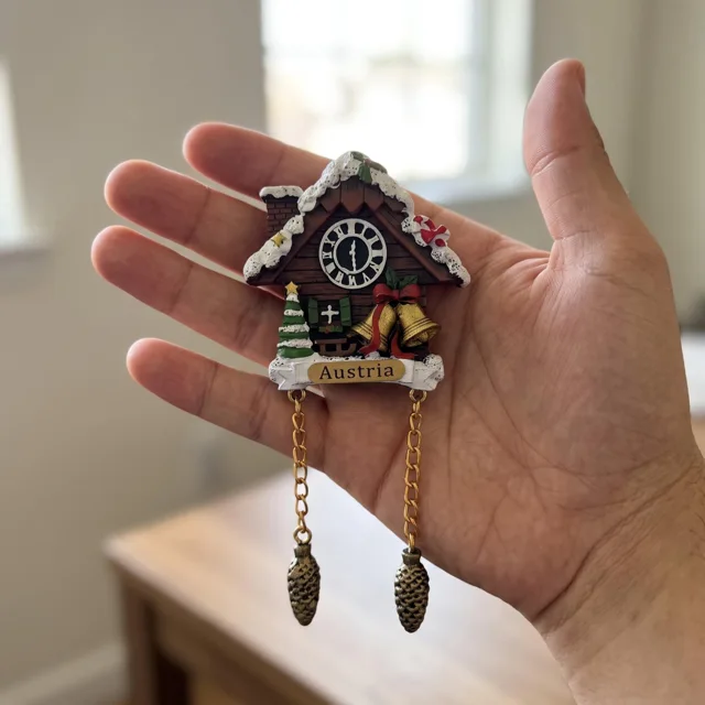 Snowy Cuckoo Clock House With Christmas Bells and Austria Plaque Refrigerator Magnet — product photo 10