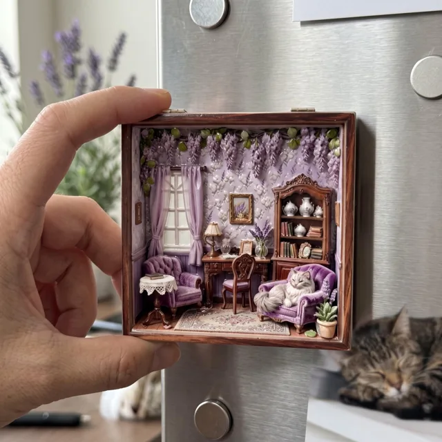Miniature Room Scene Cat Purple Floral Decor Resin Fridge Magnet — product photo 1