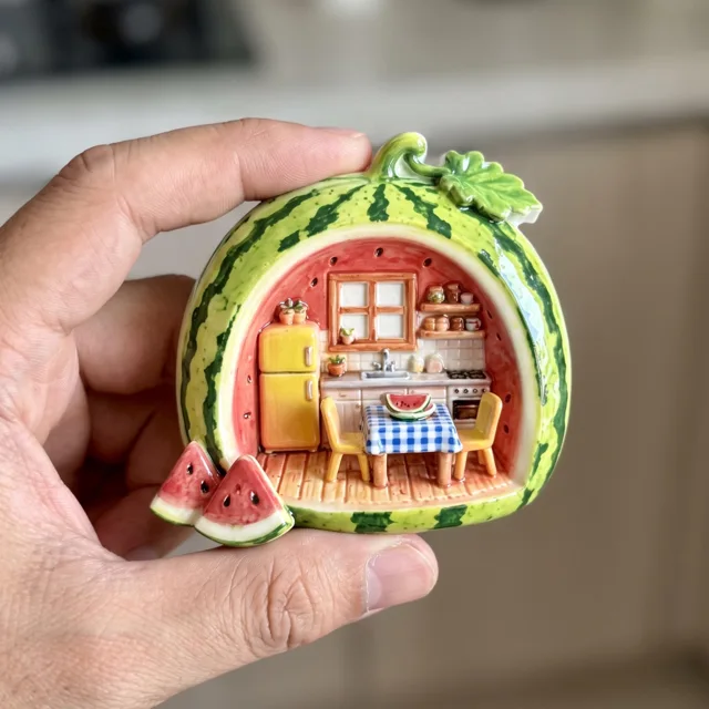 Watermelon Fridge Magnet With Miniature Kitchen Scene, Whimsical Refrigerator Decor — product photo 1