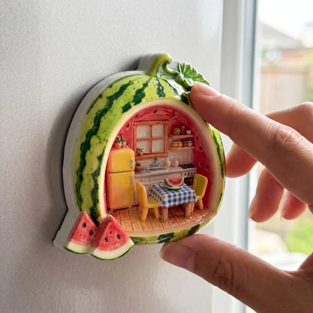 Watermelon Fridge Magnet With Miniature Kitchen Scene, Whimsical Refrigerator Decor — product photo 10