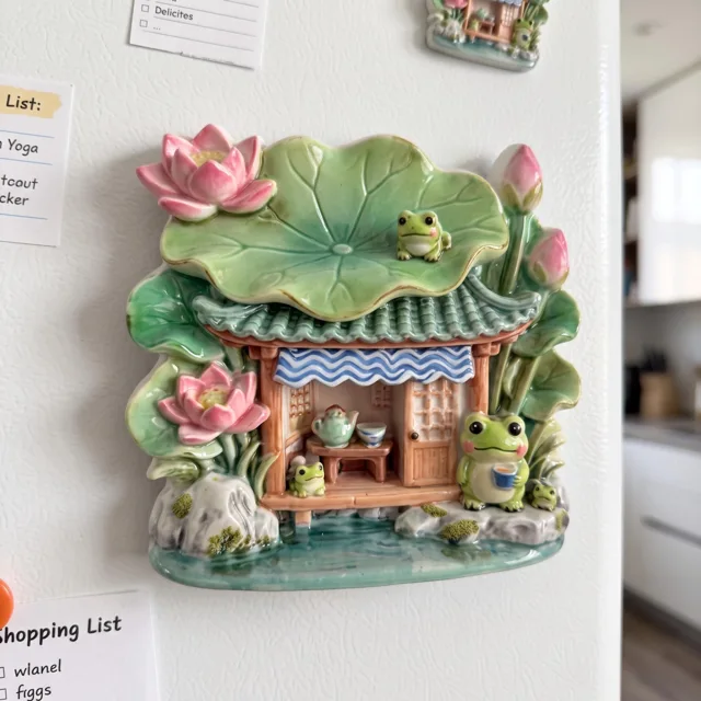 Refrigerator Magnet: Frog Cottage With Leaf Roof and Pink Flowers — product photo 4