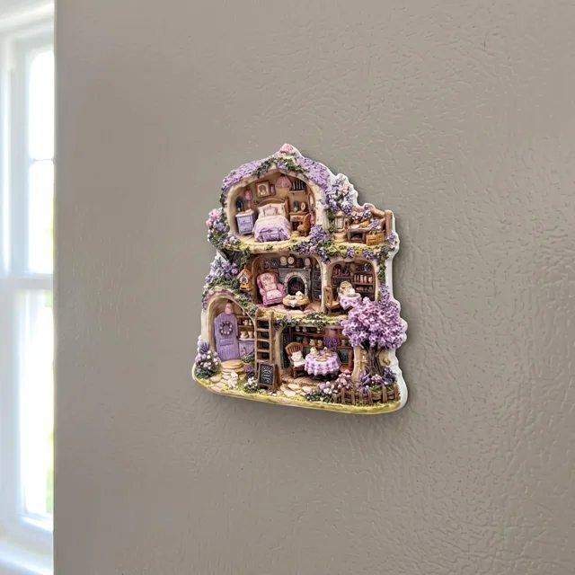 Refrigerator Magnet, Purple Miniature Cottage Scene with Floral Details — product photo 2