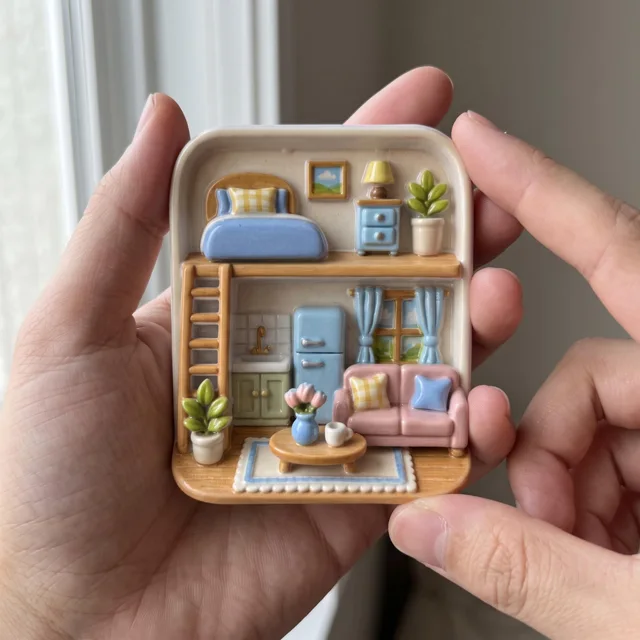 Fridge Magnet Miniature Room Scene With Cozy Home Decor and Plants — product photo 1