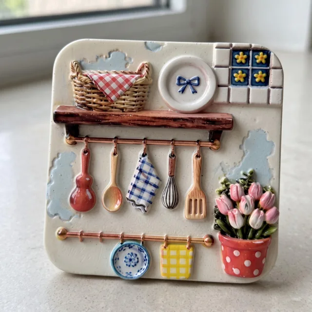 Kitchen Fridge Magnet: Raised Utensil and Tulip Resin Decor — product photo 7