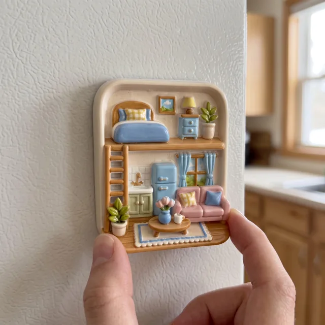 Fridge Magnet Miniature Room Scene With Cozy Home Decor and Plants — product photo 11