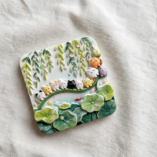 Decorative Fridge Magnet, Cat Garden Pond Scene with Lily Pads and Vines — product photo 7