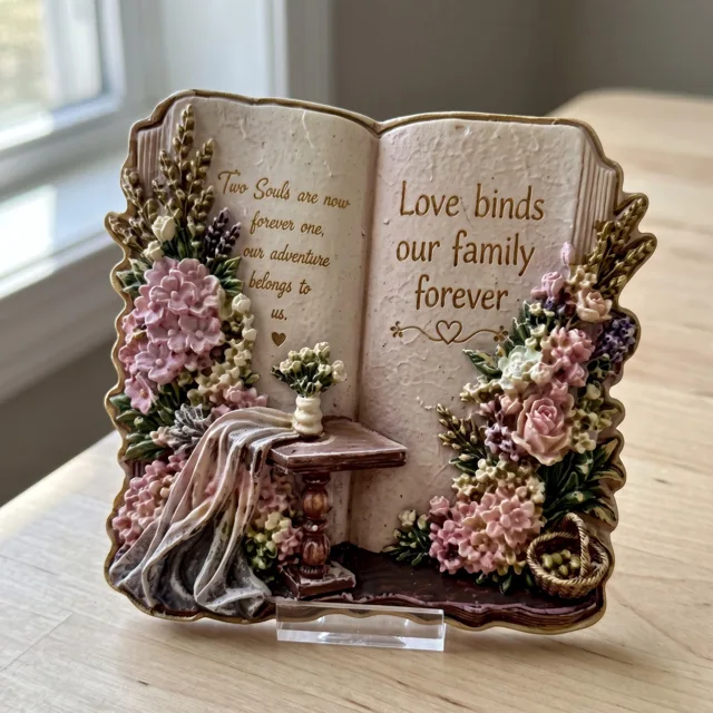 3D Book Refrigerator Magnet: Embossed Resin Floral Plaque With Family Quote — product photo 1