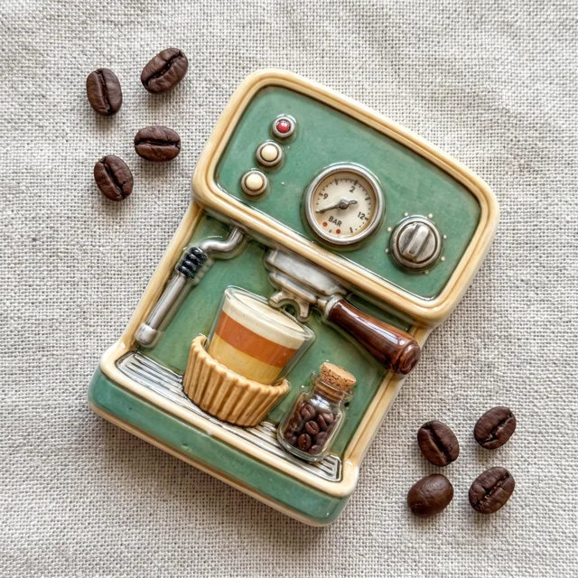 Refrigerator Magnet: Retro Green Espresso Machine 3D Sculpted Kitchen Decor — product photo 8