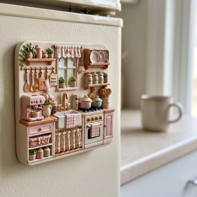 Resin Refrigerator Magnet: Miniature Pink Kitchen Scene With Raised Details — product photo 8