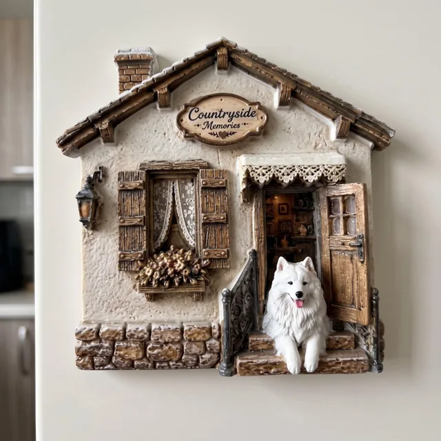 Fridge Magnet, 3D Cottage House Resin Decor With Dog, Strong Magnetic Backing — product photo 1