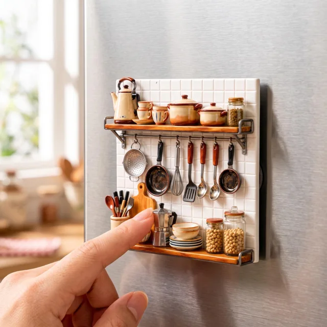Refrigerator Magnet: Resin Relief Kitchen Shelf Scene With Miniature Cookware — product photo 11