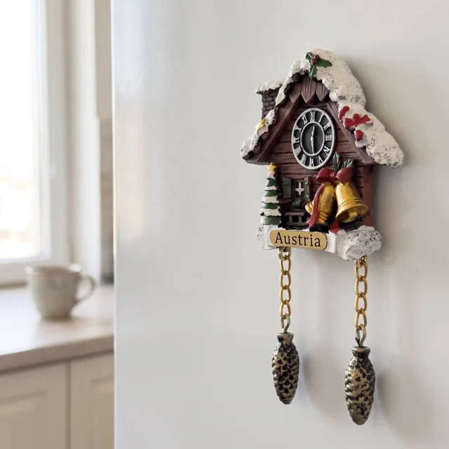 Snowy Cuckoo Clock House With Christmas Bells and Austria Plaque Refrigerator Magnet — product photo 7