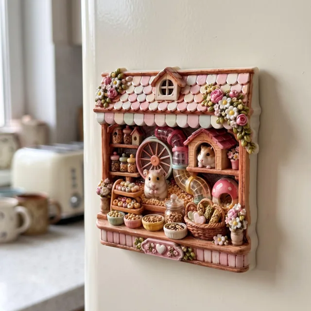 Fridge Magnet, Hamster House Miniature, Pink Floral Resin Decor — product photo 1