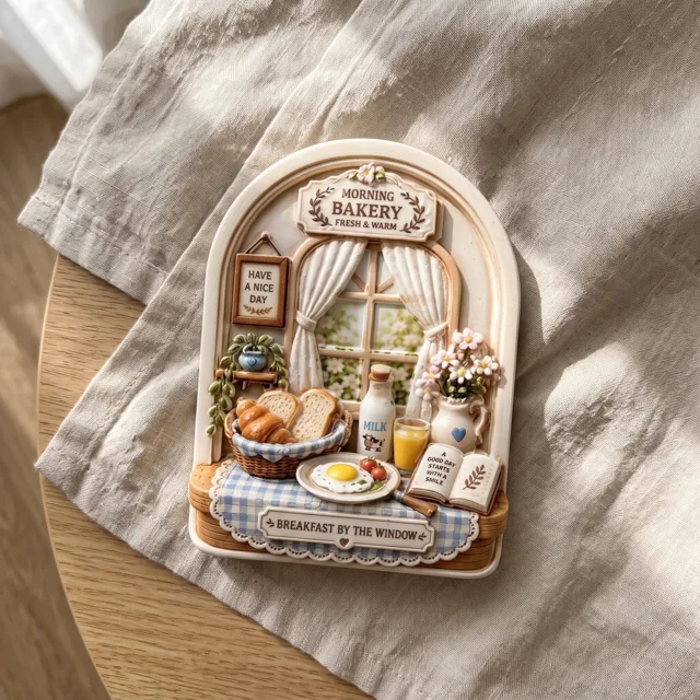 3D Breakfast Window Fridge Magnet, Sculpted Bakery Scene — product photo 1