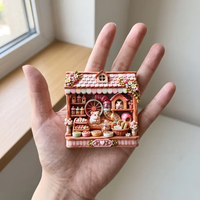 Fridge Magnet, Hamster House Miniature, Pink Floral Resin Decor — product photo 2