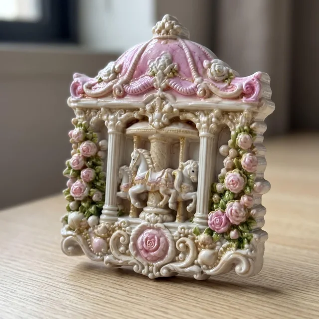 Resin Refrigerator Magnet, Ornate Carousel Horse and Pink Rose Decor — product photo 3