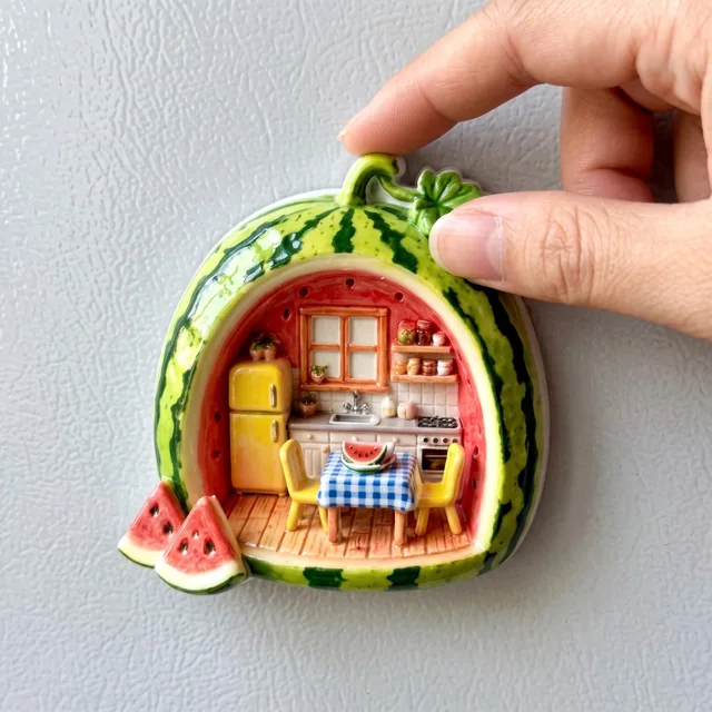 Watermelon Fridge Magnet With Miniature Kitchen Scene, Whimsical Refrigerator Decor — product photo 7