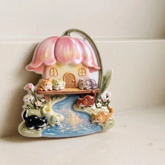 Resin Refrigerator Magnet: Flower House, Cats and River Scene — product photo 4