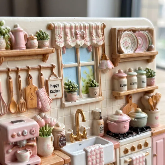 Resin Refrigerator Magnet: Miniature Pink Kitchen Scene With Raised Details — product photo 4