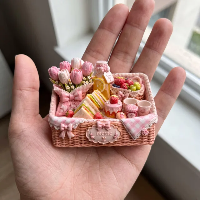 Picnic Basket Fridge Magnet, Pink Floral Food Scene Decor — product photo 1