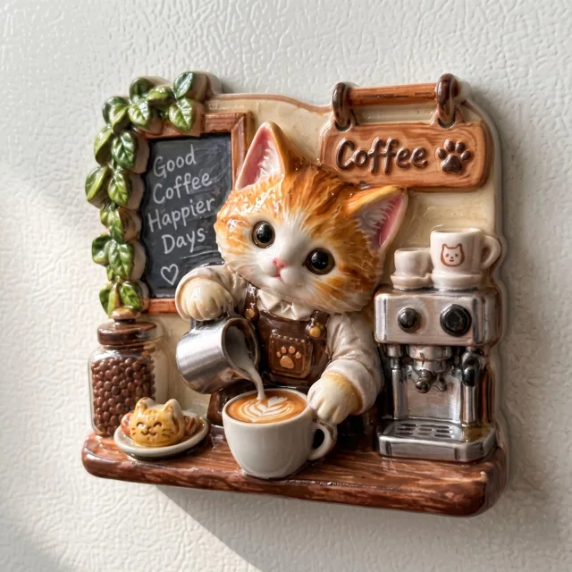 Fridge Magnet: Resin Cat Coffee Shop Kitchen Decor — product photo 1