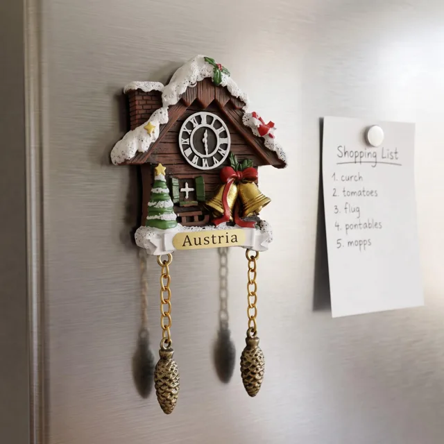 Snowy Cuckoo Clock House With Christmas Bells and Austria Plaque Refrigerator Magnet — product photo 8