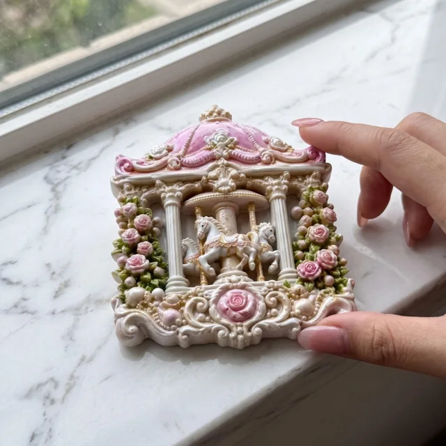 Resin Refrigerator Magnet, Ornate Carousel Horse and Pink Rose Decor — product photo 6